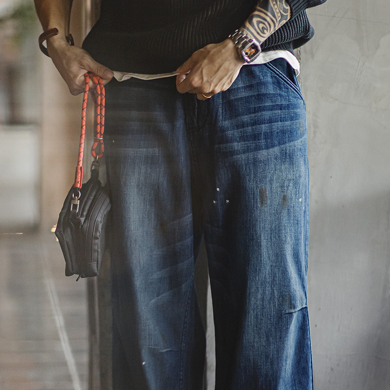 美式復古做舊磨白貓鬚牛仔褲寬鬆水洗丹寧潑墨直筒褲男秋