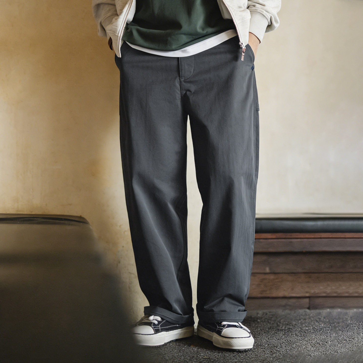 美式人字紋休閒褲直筒休閒黑色通勤打褶皺A字西褲男款春