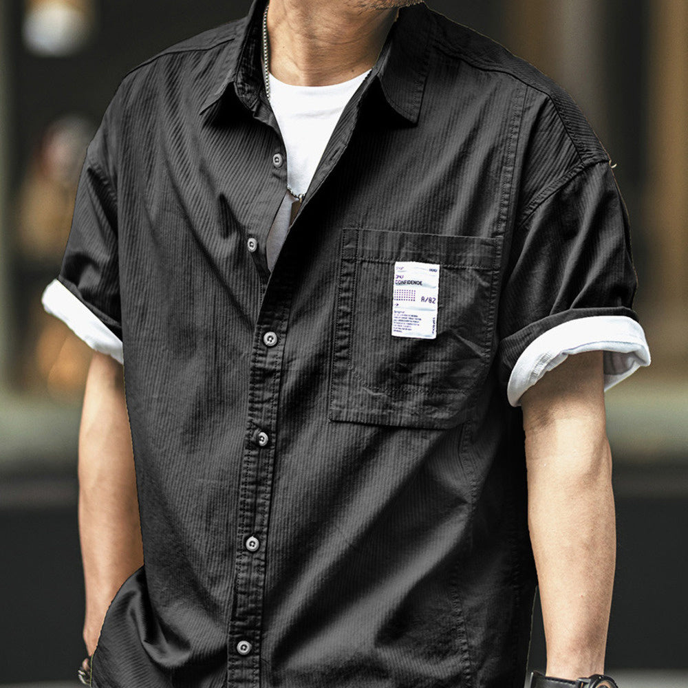 美式黑色短袖襯衫男夏季薄款寬松純棉休閑上衣痞帥疊穿工裝襯衣男