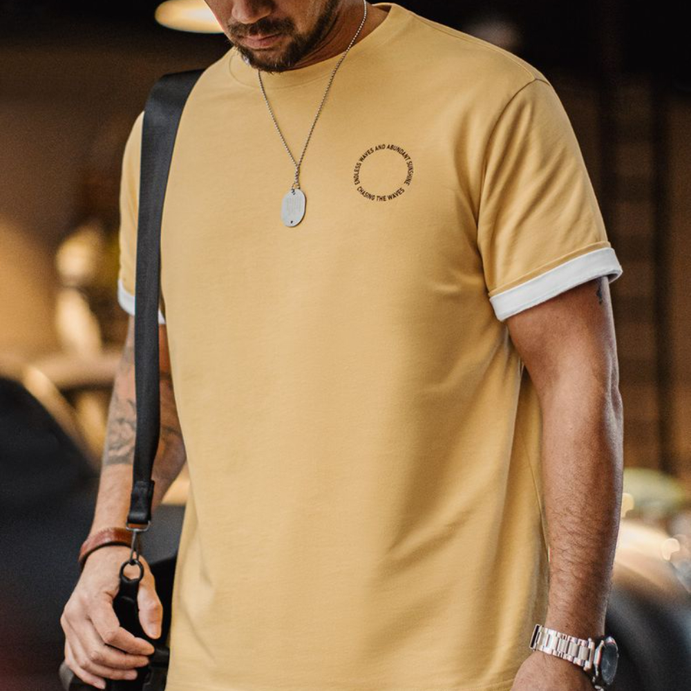 美式復古後背發泡印花T恤重磅薑黃色小眾創意短袖男款夏