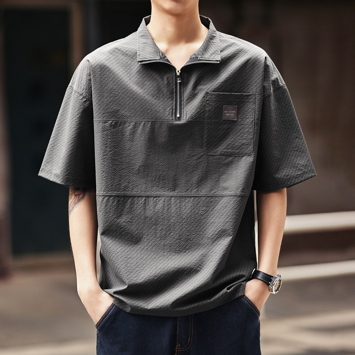 復古泡泡肌理工裝Polo衫男夏季薄款速幹短袖半拉鍊半袖襯衣