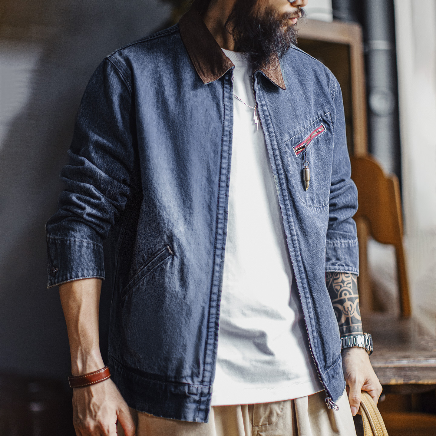 美式復古水洗牛仔底特律夾克vintage做舊短款外套男秋季