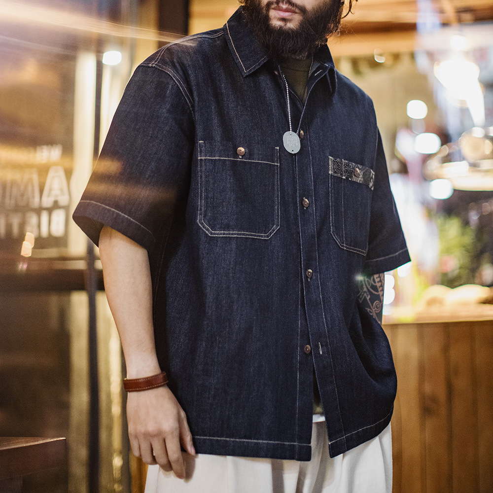 美式復古boro丹寧回潮牛仔襯衣日系藍染翻領襯衫外套男
