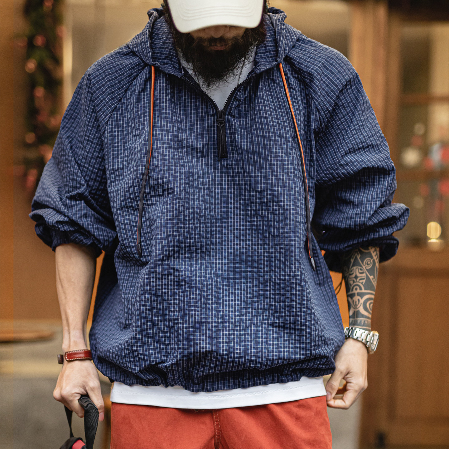 美式半拉鍊連帽衛衣肌理感泡泡紗藍色戶外薄款外套男春季