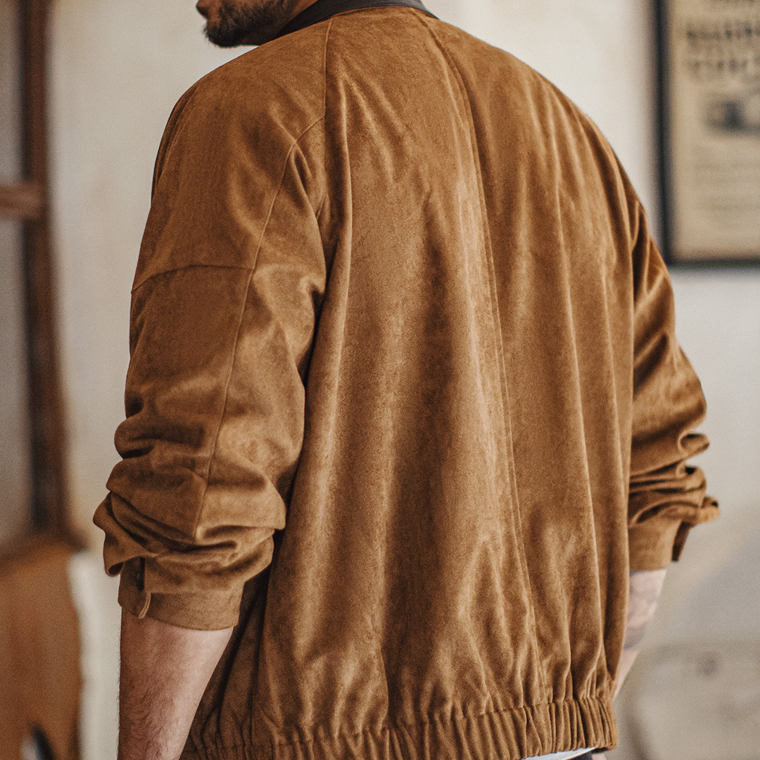 美式復古麂皮絨教練夾克立領短款美拉德翻毛皮外套男秋