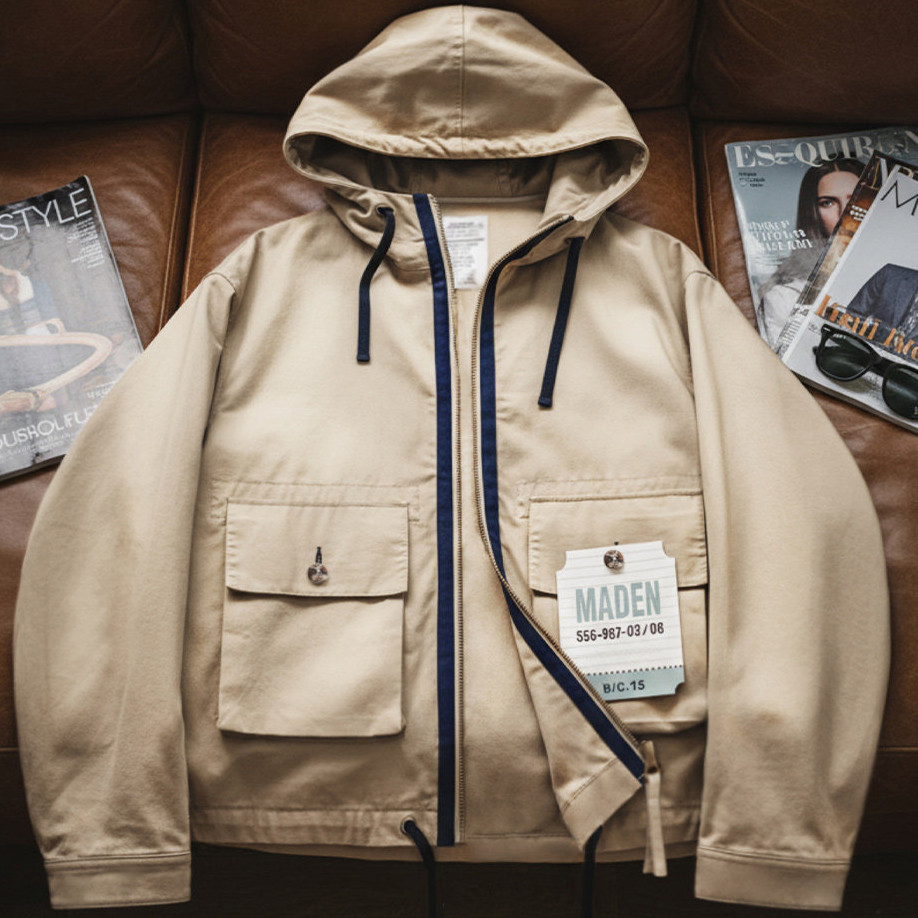 美式復古多口袋夾克純棉帆布卡其色立領連帽薄款外套男春