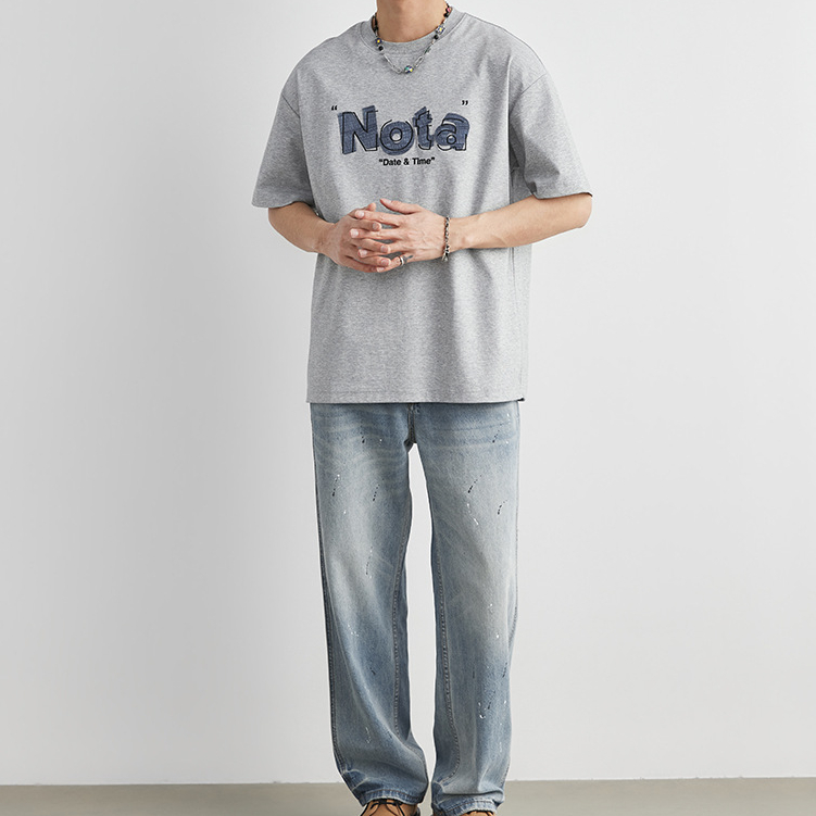 重磅220g棉圓領短袖T恤男夏季寬鬆牛仔貼布Nota字母印花上衣