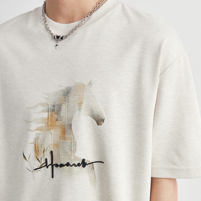 重磅210g莫代爾國潮駿馬印花T恤男夏季圓領寬鬆親膚透氣短袖
