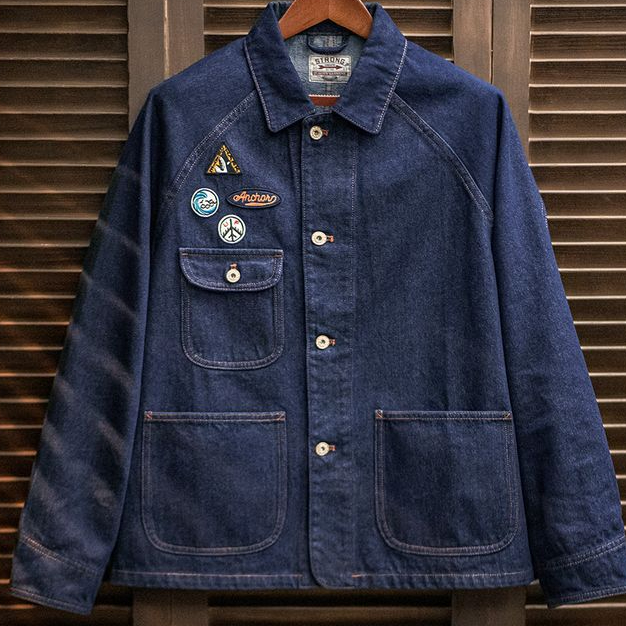 美式復古刺繡徽章牛仔夾克重磅水洗翻領休閒外套男秋冬季