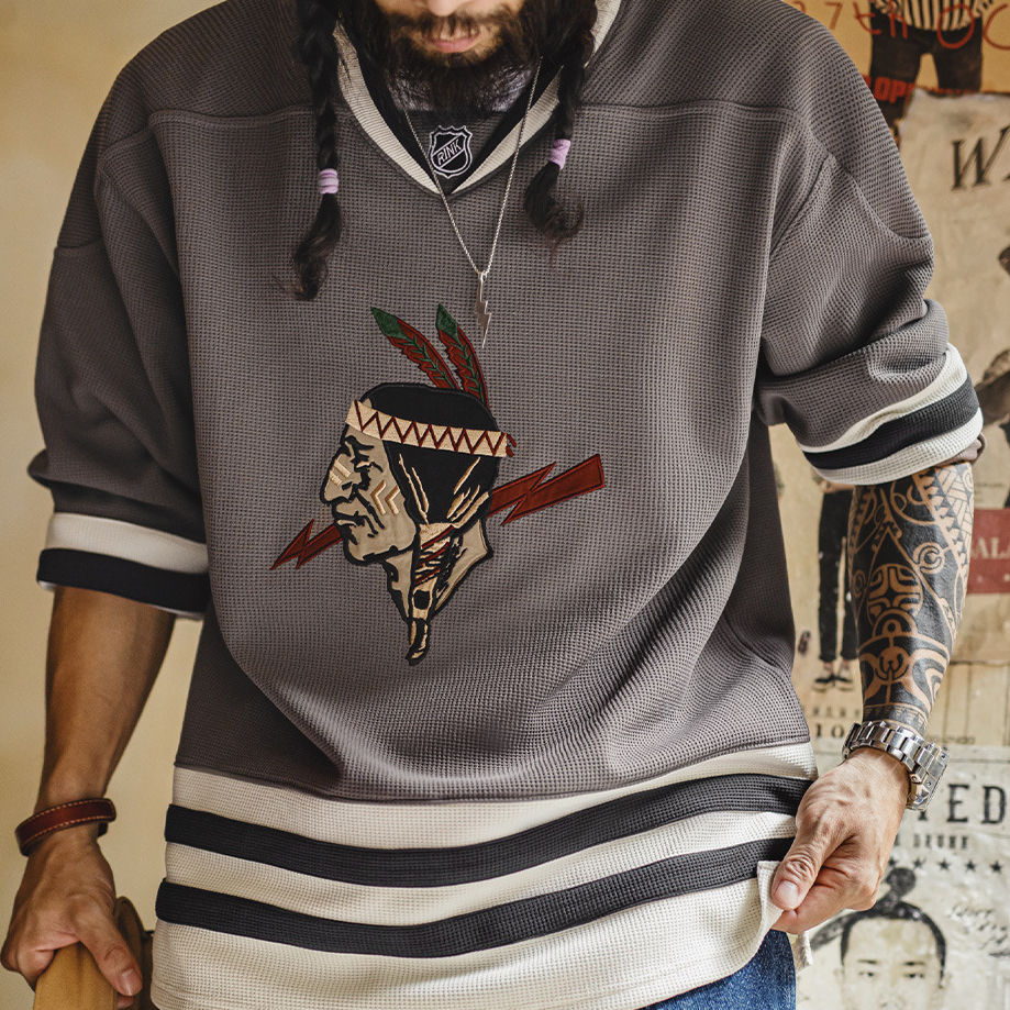 美式復古印第安v領華夫格長袖刺繡針織重磅衛衣外套男秋