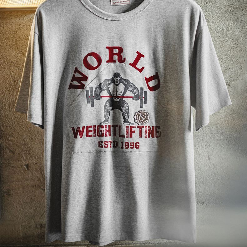 美式復古猩猩印花T恤雙紗純棉重磅休閒花灰色短袖男夏季