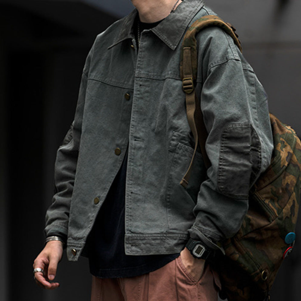 復古水洗做舊拼接PU皮外套男春秋新款寬松翻領工裝夾克上衣潮