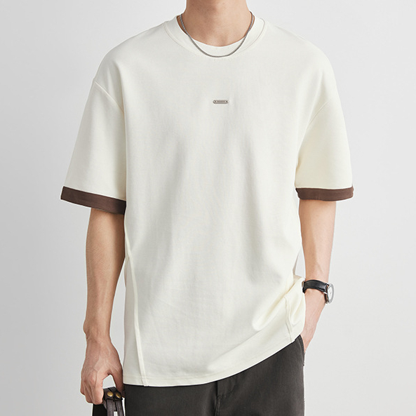 重磅220g撞色袖口小標T恤男夏季圓領寬鬆透氣親膚肌理感短袖
