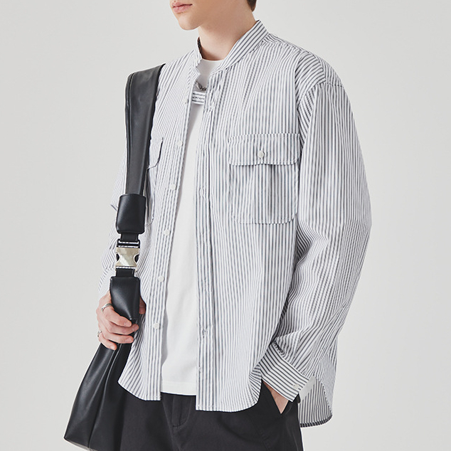 條紋襯衫男春季高級感痞帥商務休閒百搭立領長袖襯衣外套
