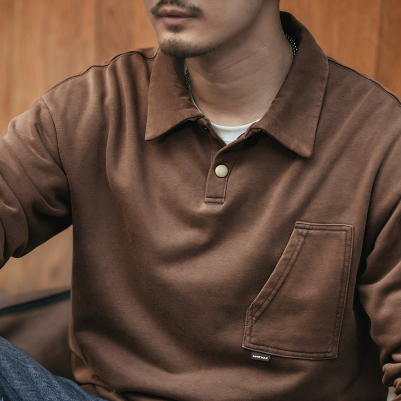 美式復古做舊水洗翻領POLO衫男春季長袖衛衣寬松大碼痞帥體恤