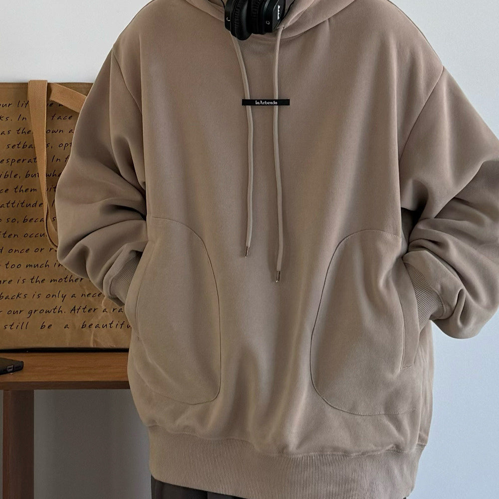 春秋大地色简约软糯连帽套头中性卫衣帽衫
