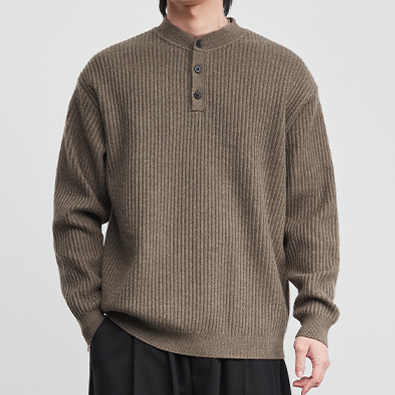7針亨利領豎紋針織衫男2026春寬鬆立體純色百搭長袖套頭衫
