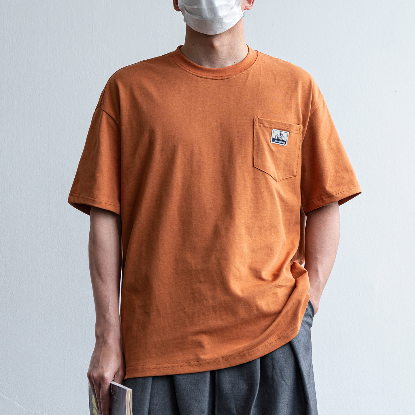 日系簡約復古工裝風口袋貼標純棉短袖T恤男夏季寬鬆圓領半袖上衣
