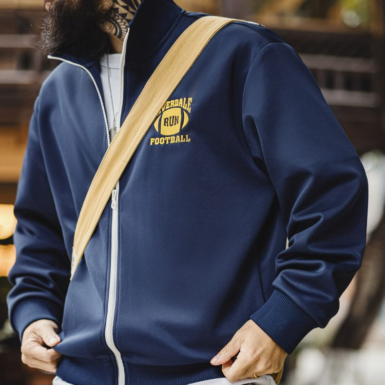 美式休閒學院風撞色刺繡夾克空氣層立領寬鬆開衫衛衣男春