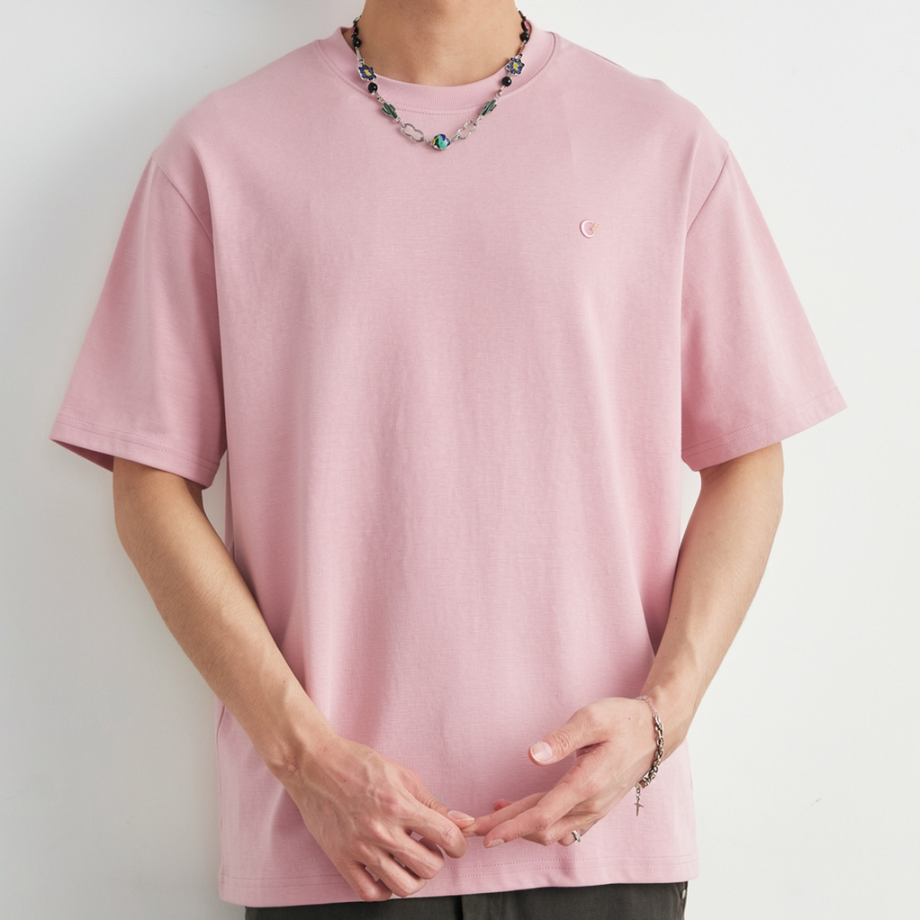 小月亮刺繡純色T恤男夏季寬鬆圓領日系休閒百搭通勤短袖上衣