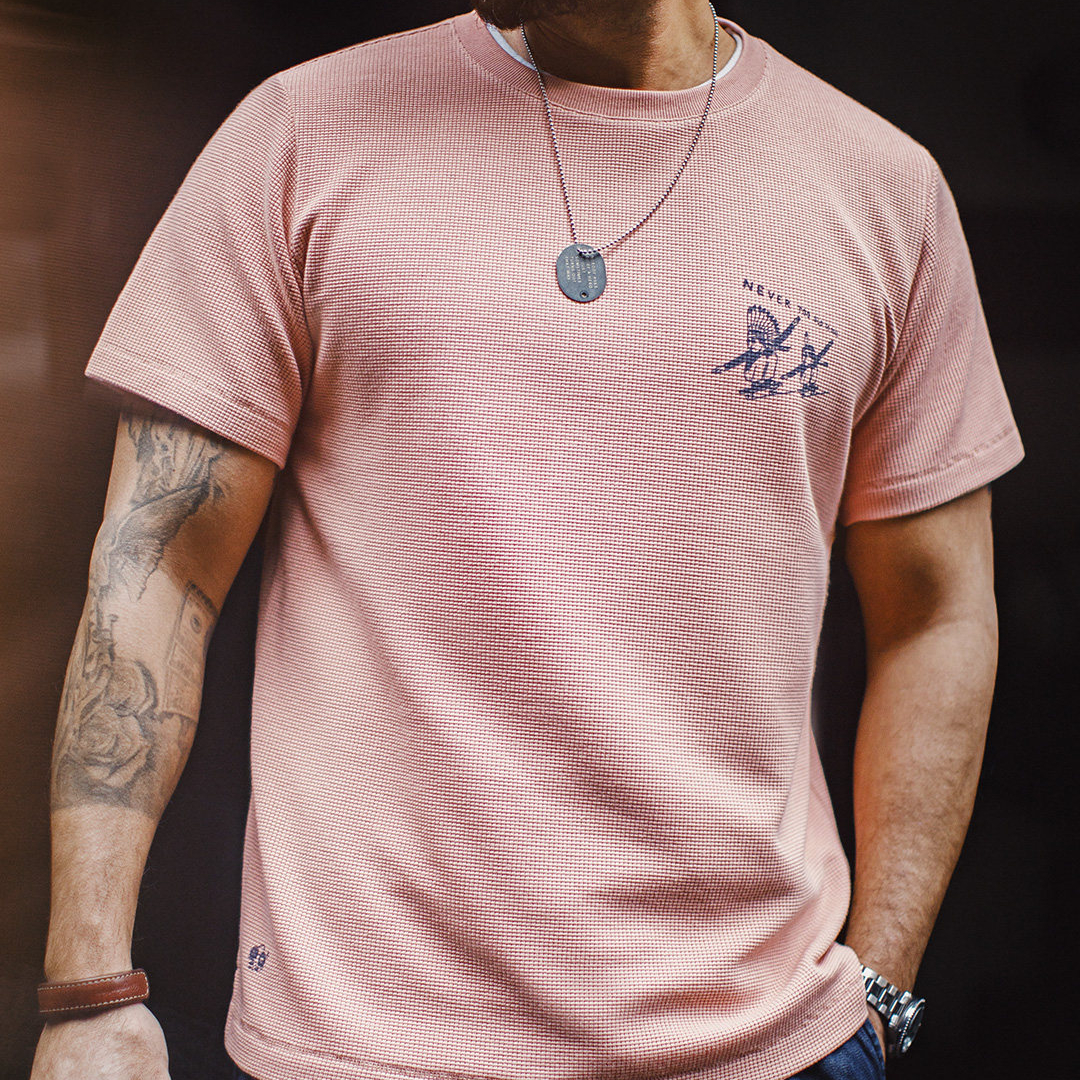 美式復古華夫格圓領短袖T恤阿美咔嘰印第安印花上衣男夏