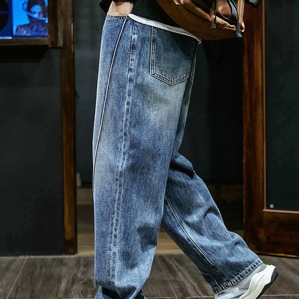 直筒褲男士寬松長褲大碼牛仔褲潮牌ins秋季闊腿褲子
