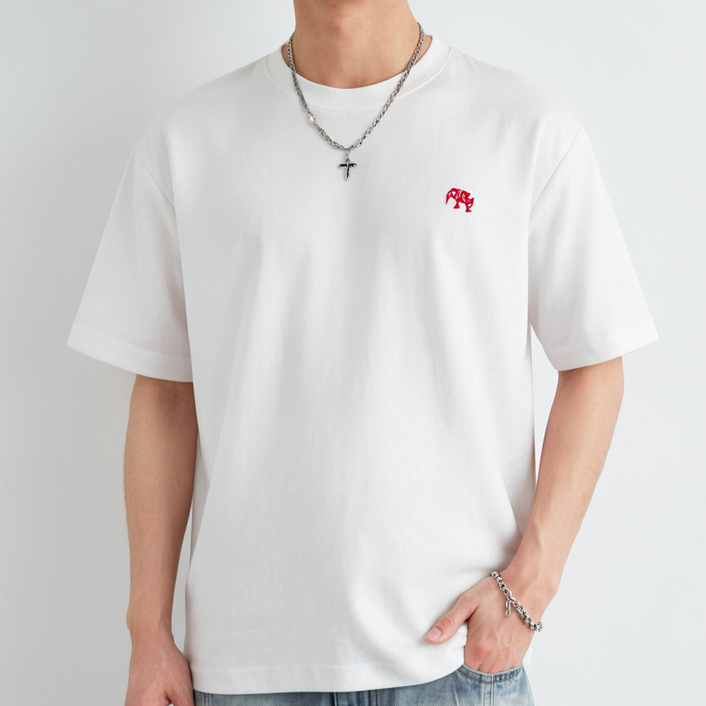 小象刺繡棉紡T恤男夏季圓領寬鬆親膚透氣通勤簡約短袖上衣潮
