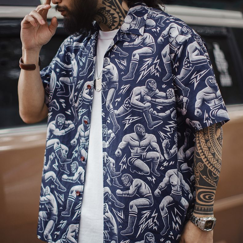 美式復古滿印花古巴領襯衫寬鬆夏威夷短袖襯衣外套男夏季