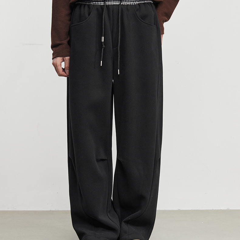 格序加厚格紋腰頭抽繩運動休閒褲冬季美式針織寬鬆長褲