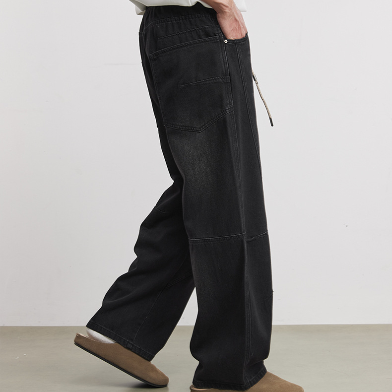 立體裁剪抽繩牛仔彎刀褲男2026年春季新款牛仔褲舒適傘兵長褲