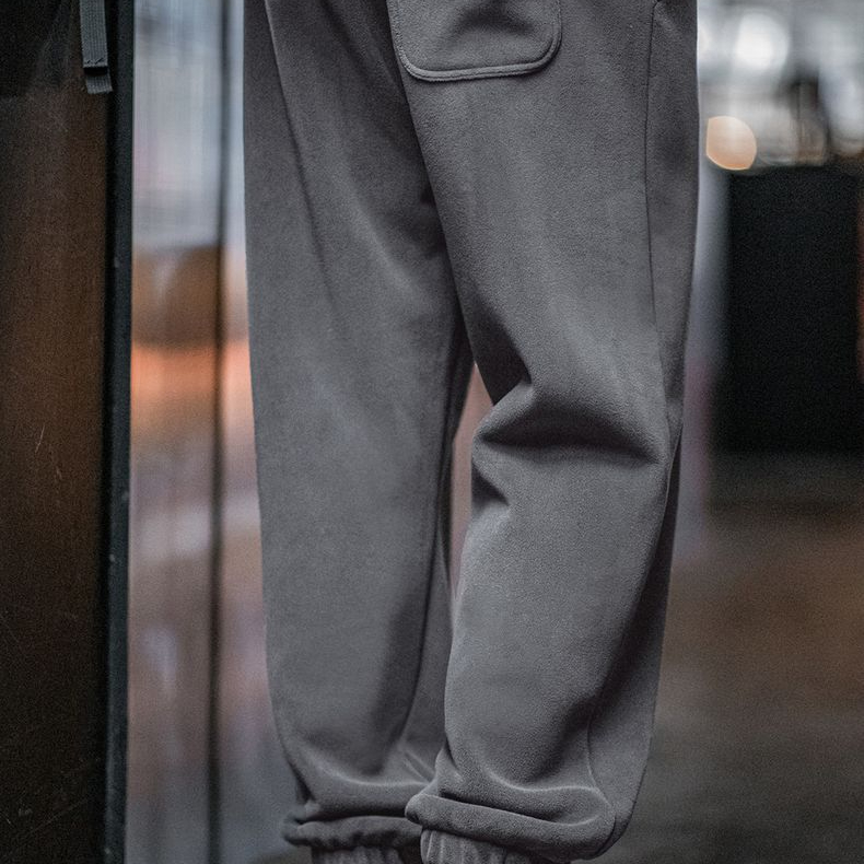 美式雙面搖粒絨束腳衛褲加絨保暖運動休閒直筒長褲男秋冬