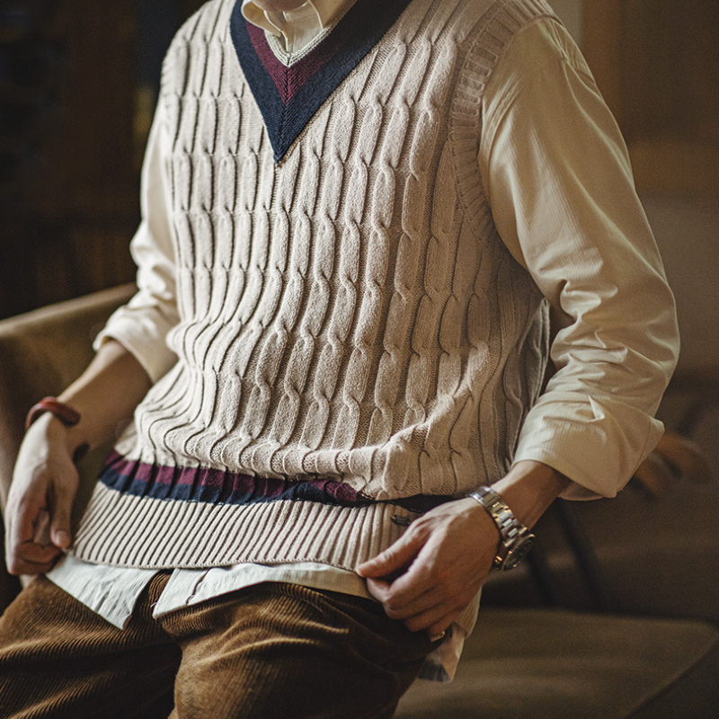 美式復古IVY針織V領毛衣背心學院風撞色絞花無袖馬甲男秋