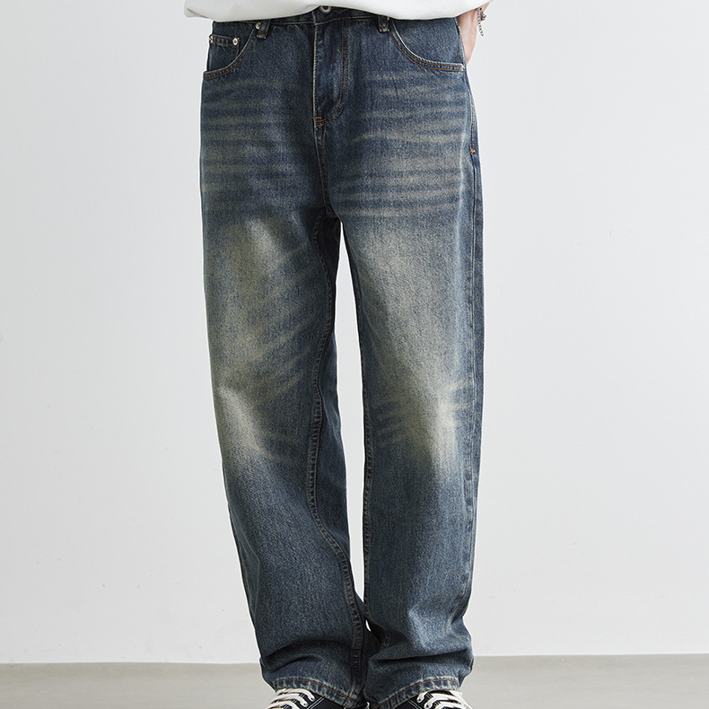 美式復古牛仔褲男夏季水洗做舊重磅直筒褲子寬鬆闊腿休閒長褲