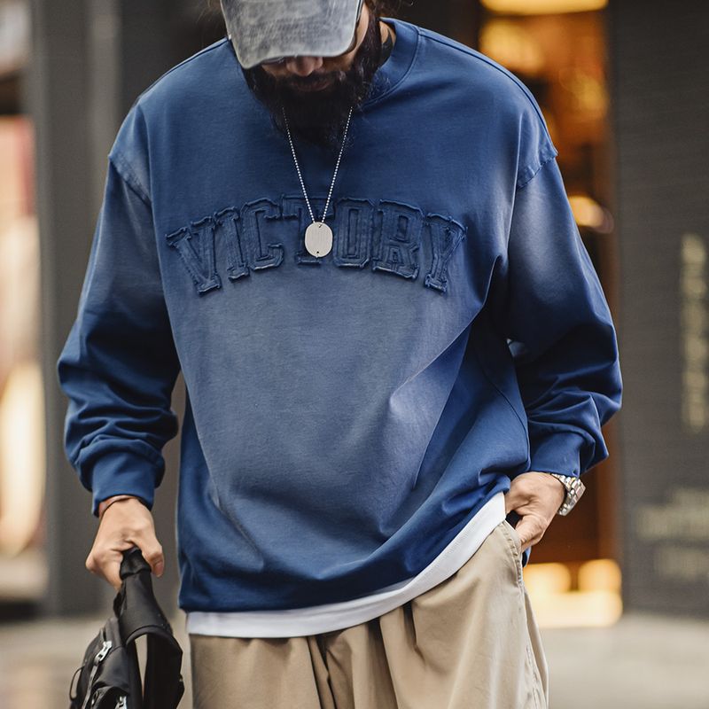 美式復古字母貼布衛衣漸變色水洗做舊寬鬆圓領T恤男春季