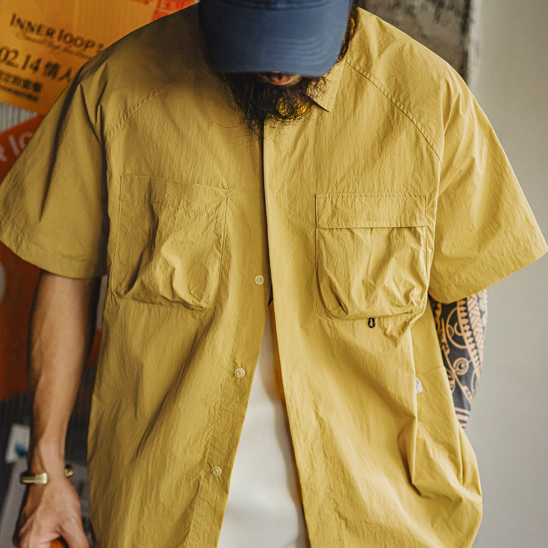 山系戶外短袖襯衫速幹黃色肌理感薄款日系口袋襯衣男款夏