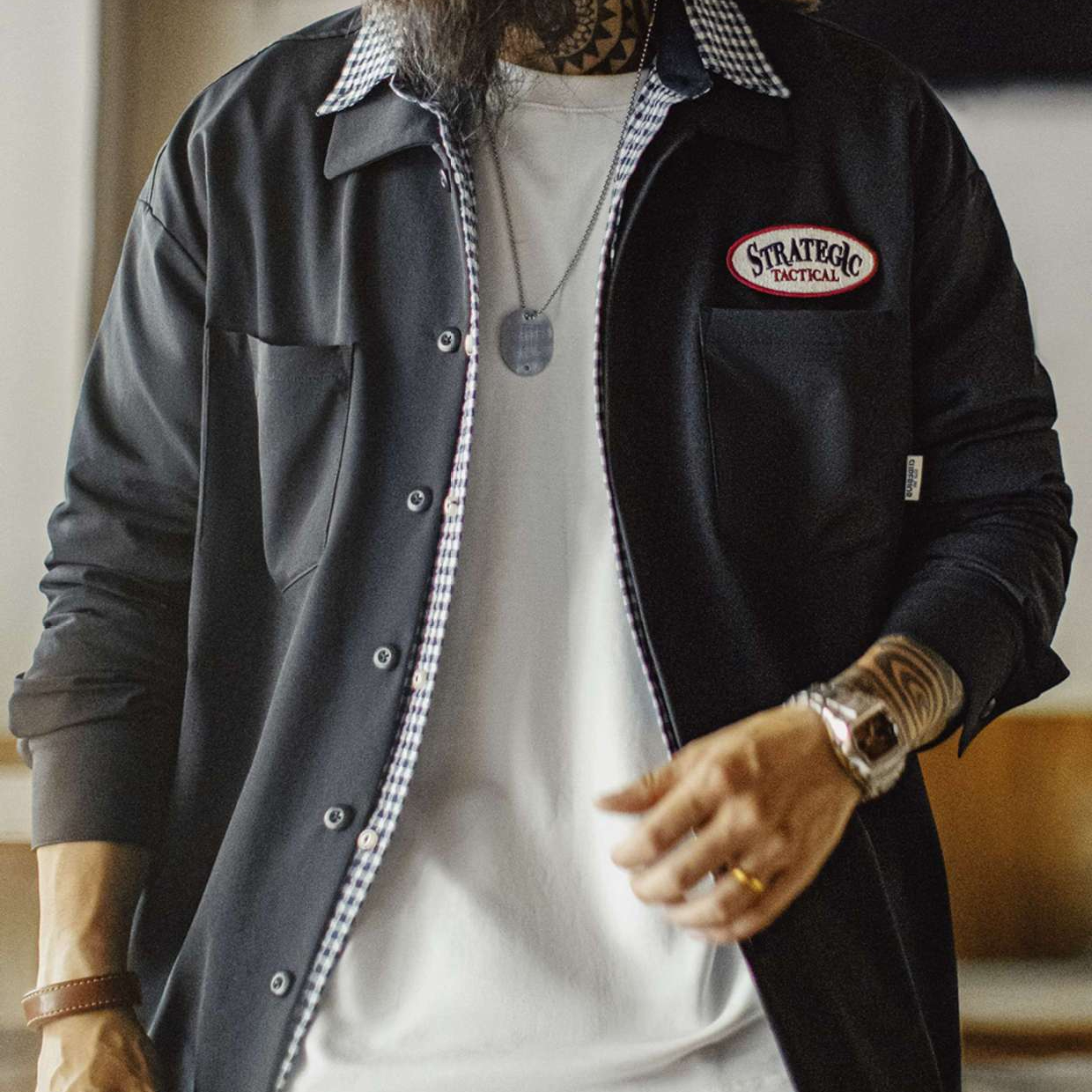 美式黑色口袋襯衫長袖梭織山系機能通勤襯衣外套男秋