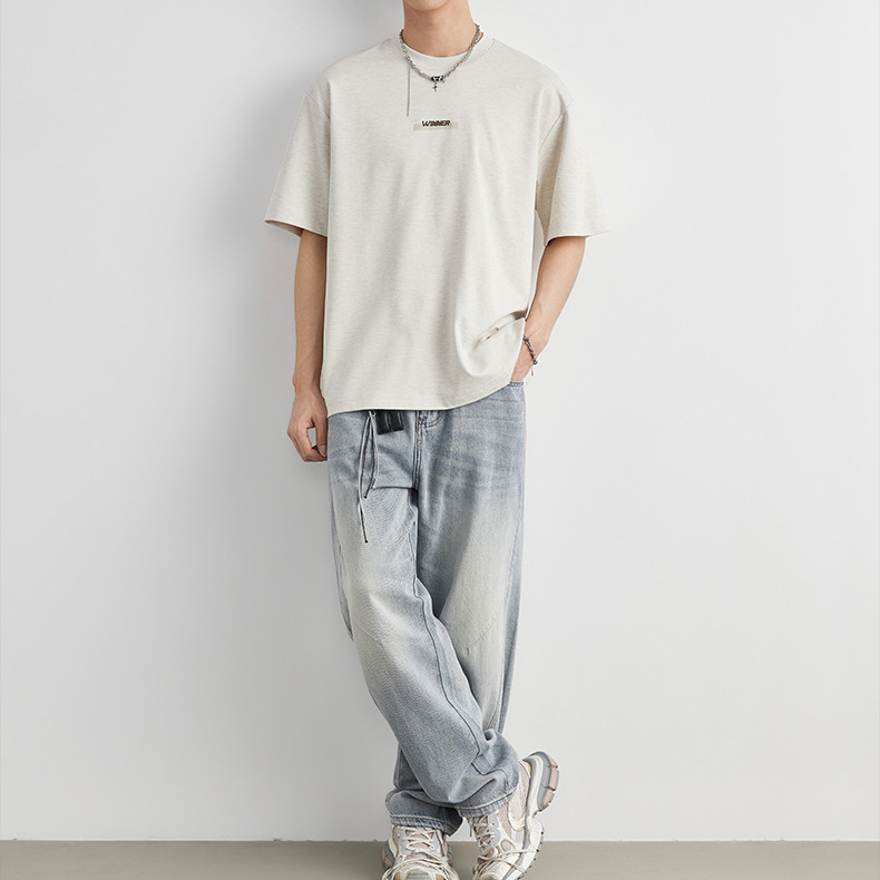 重磅210g莫代爾字母印花T恤男夏季寬鬆透氣親膚日常通勤短袖