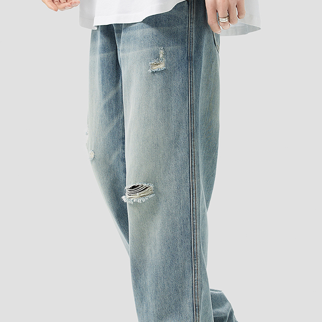 萊賽爾天絲破洞牛仔褲男春季新款垂感寬鬆直筒闊腿長褲子