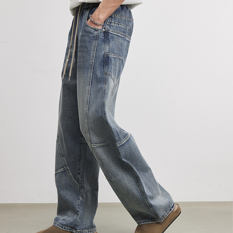 立體裁剪抽繩牛仔彎刀褲男2026年春季新款牛仔褲舒適傘兵長褲