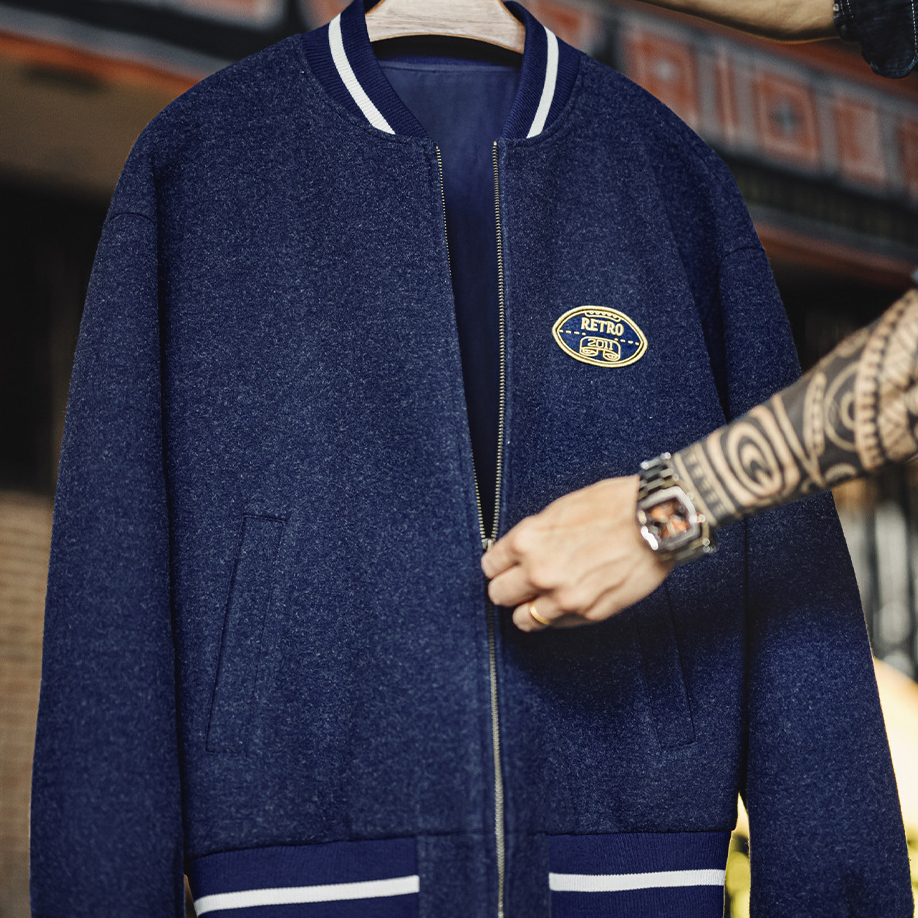 美式復古藍色針織棒球服夾克痞帥刺繡撞色短款外套男士秋