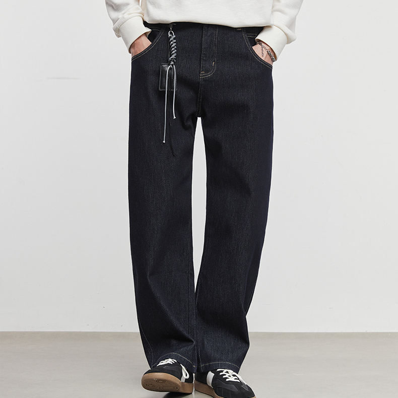 美式復古微闊休閒牛仔褲男秋季水洗深靚時尚簡約直筒褲潮