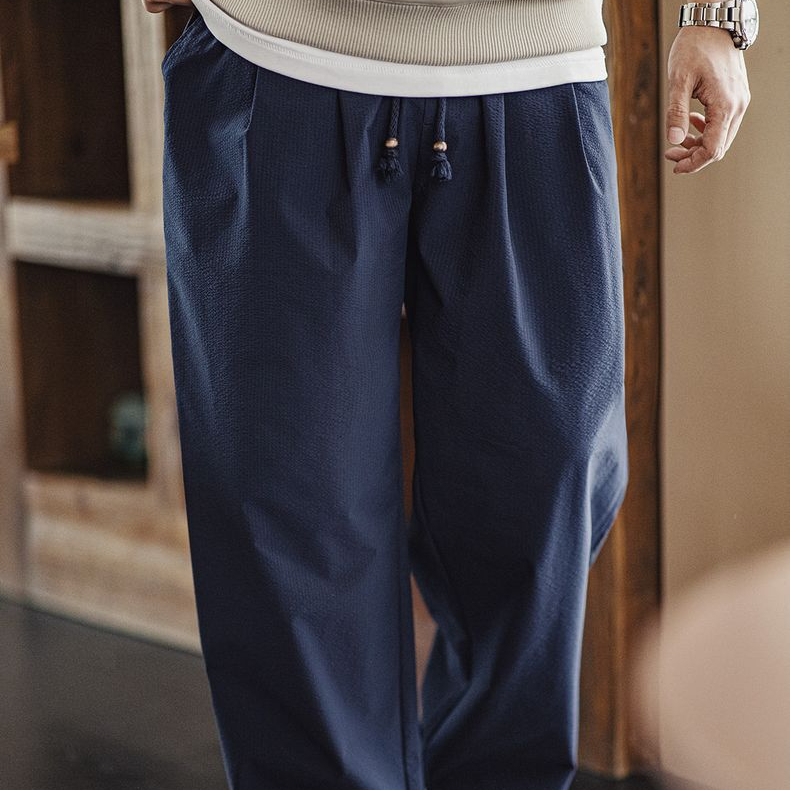 美式休閒束腰泡泡紗日系燈籠褲男寬鬆闊腿透氣彎刀褲春夏