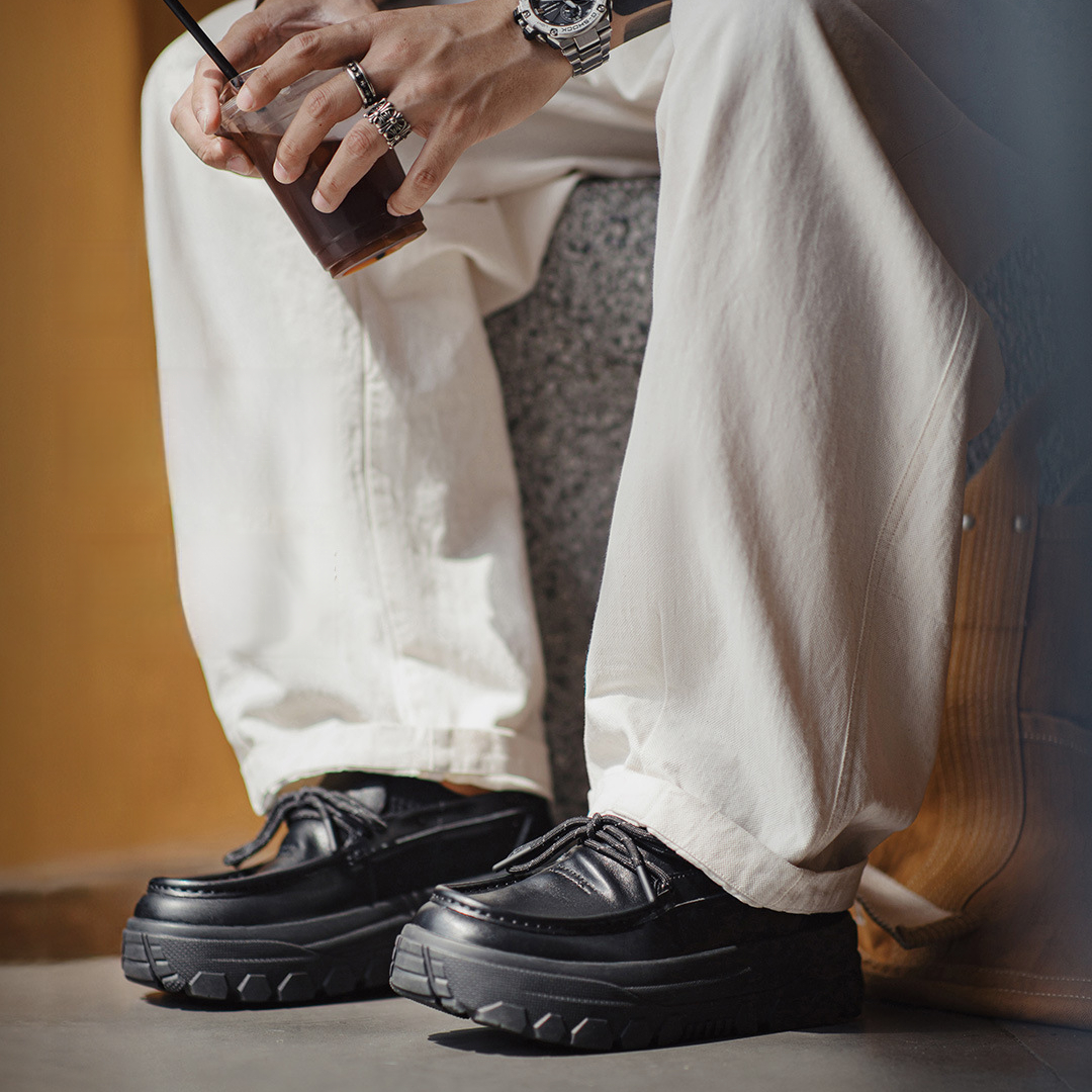 袋鼠鞋冬季新款男士厚底增高黑色通勤英倫風軟底方頭休閒皮鞋