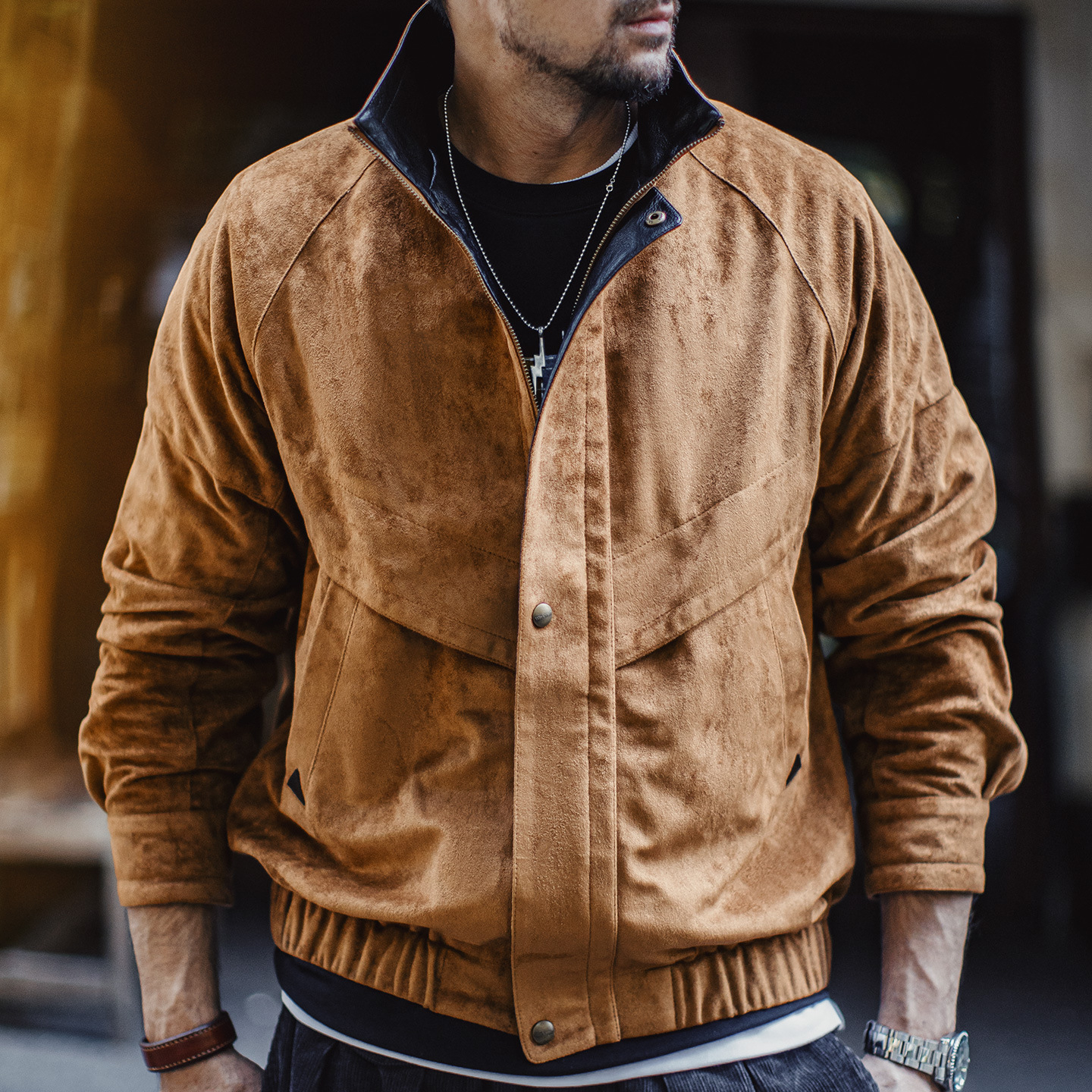 美式復古麂皮絨教練夾克立領短款美拉德翻毛皮外套男秋