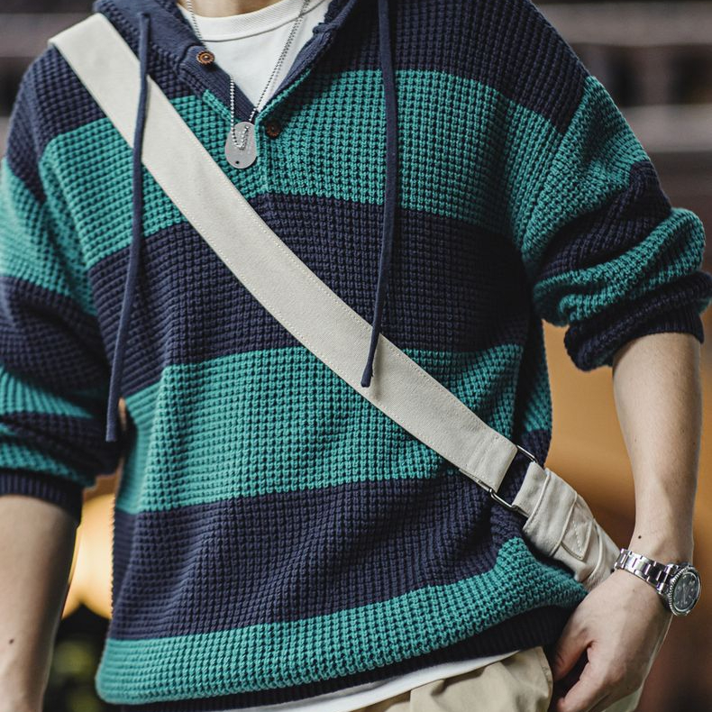 美式休閒撞色條紋連帽針織衫學院風毛衣寬鬆套頭衛衣男秋