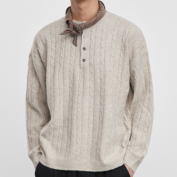 男士亨利領絞襟麻花針織毛衣秋冬寬鬆休閒套頭內搭上衣男