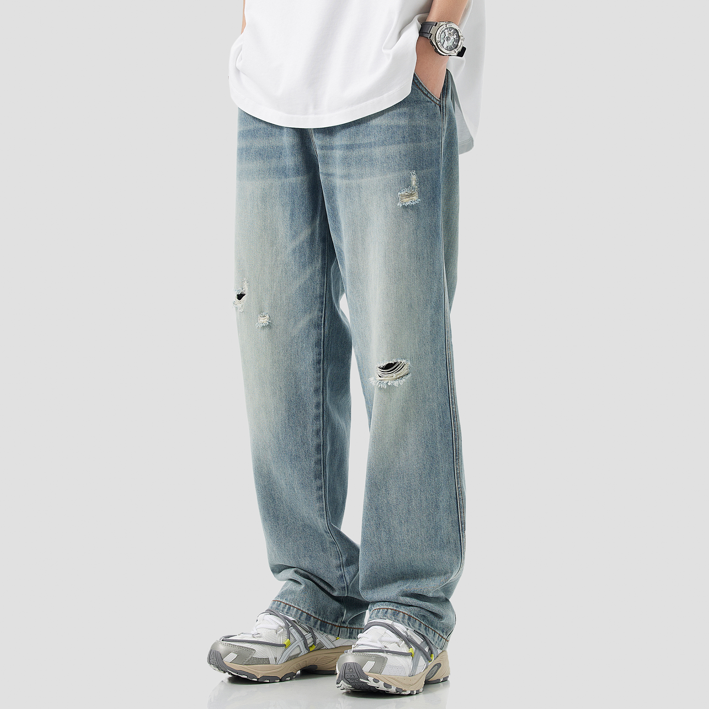 萊賽爾天絲破洞牛仔褲男春季新款垂感寬鬆直筒闊腿長褲子