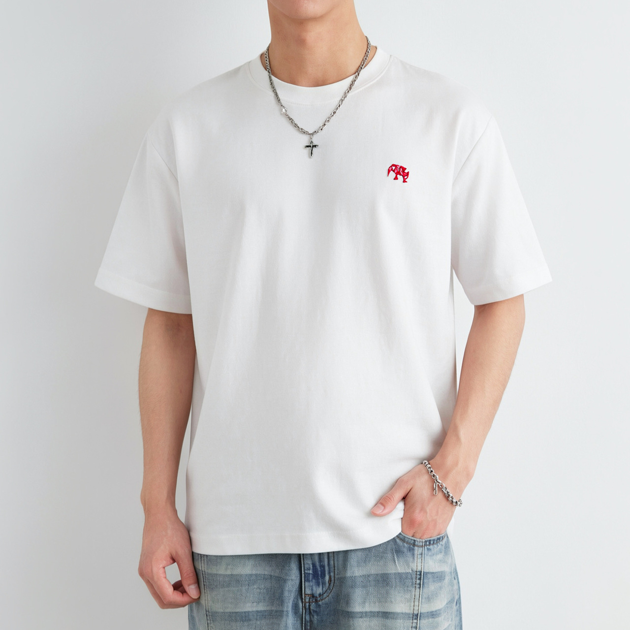小象刺繡棉紡T恤男夏季圓領寬鬆親膚透氣通勤簡約短袖上衣潮