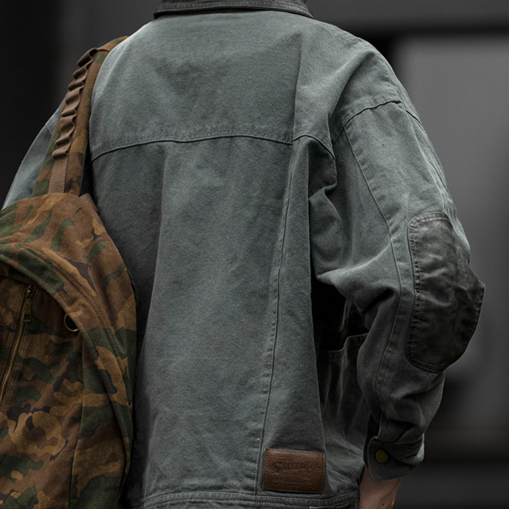 復古水洗做舊拼接PU皮外套男春秋新款寬松翻領工裝夾克上衣潮