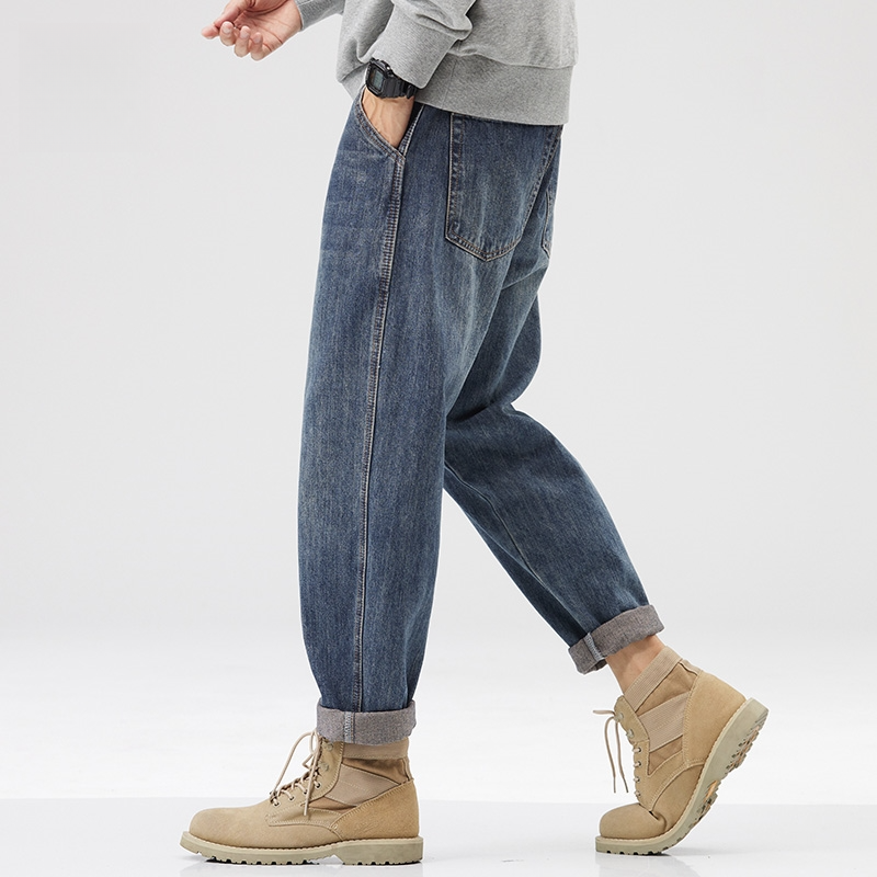 春秋款深藍色牛仔褲男士春季潮牌復古美式寬松直筒長褲